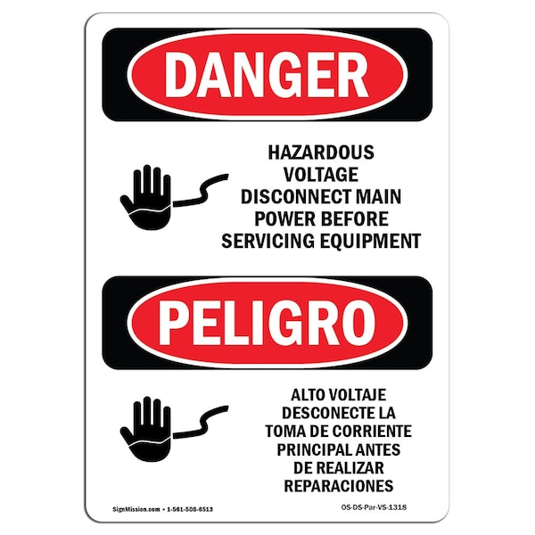 Safety Sign, OSHA, 24" Height, Rigid Plastic, Voltage Disconnect Main Power Spanish